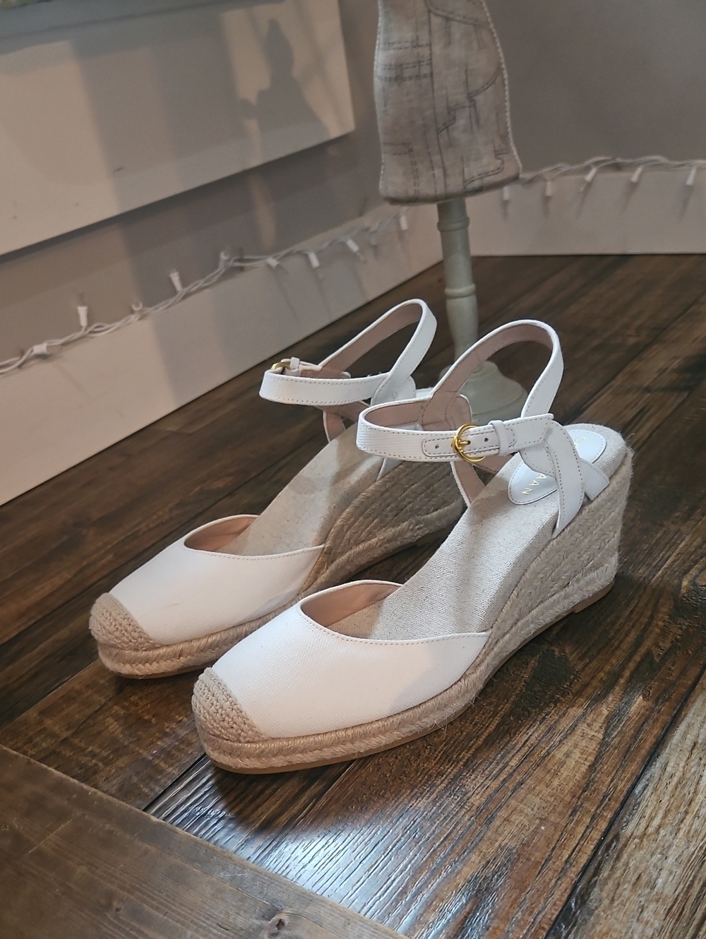 Cole Haan White Canvas Espadrille Wedge Sandals with Ankle Strap and Gold Buckle